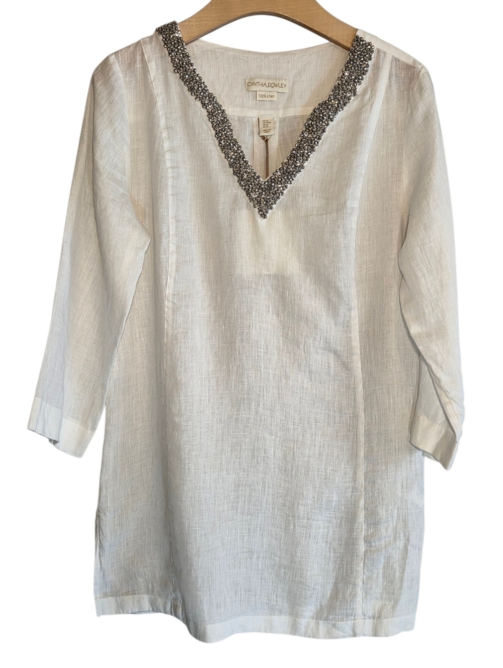Cynthia Rowley White Linen Beaded V-Neck Tunic Vacation Beachy Coastal Sz M
